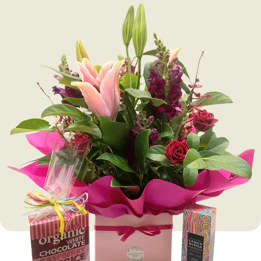 raspberry delight flowers and gift hamper