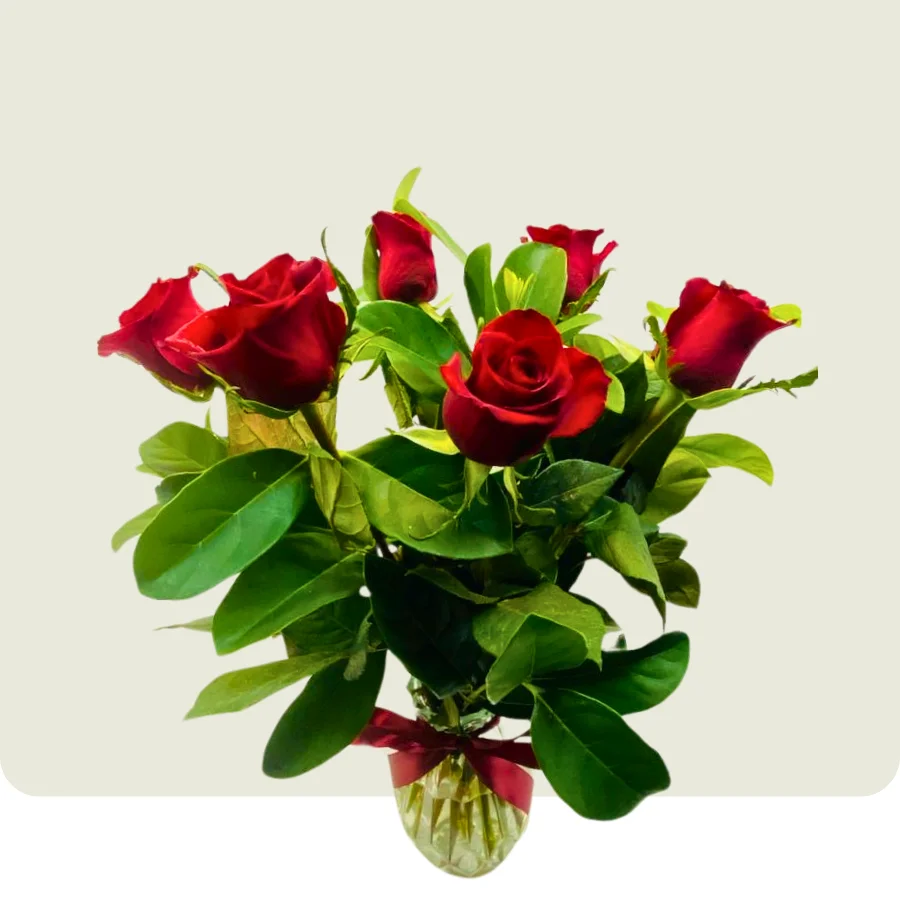 6 red roses in a glass vase