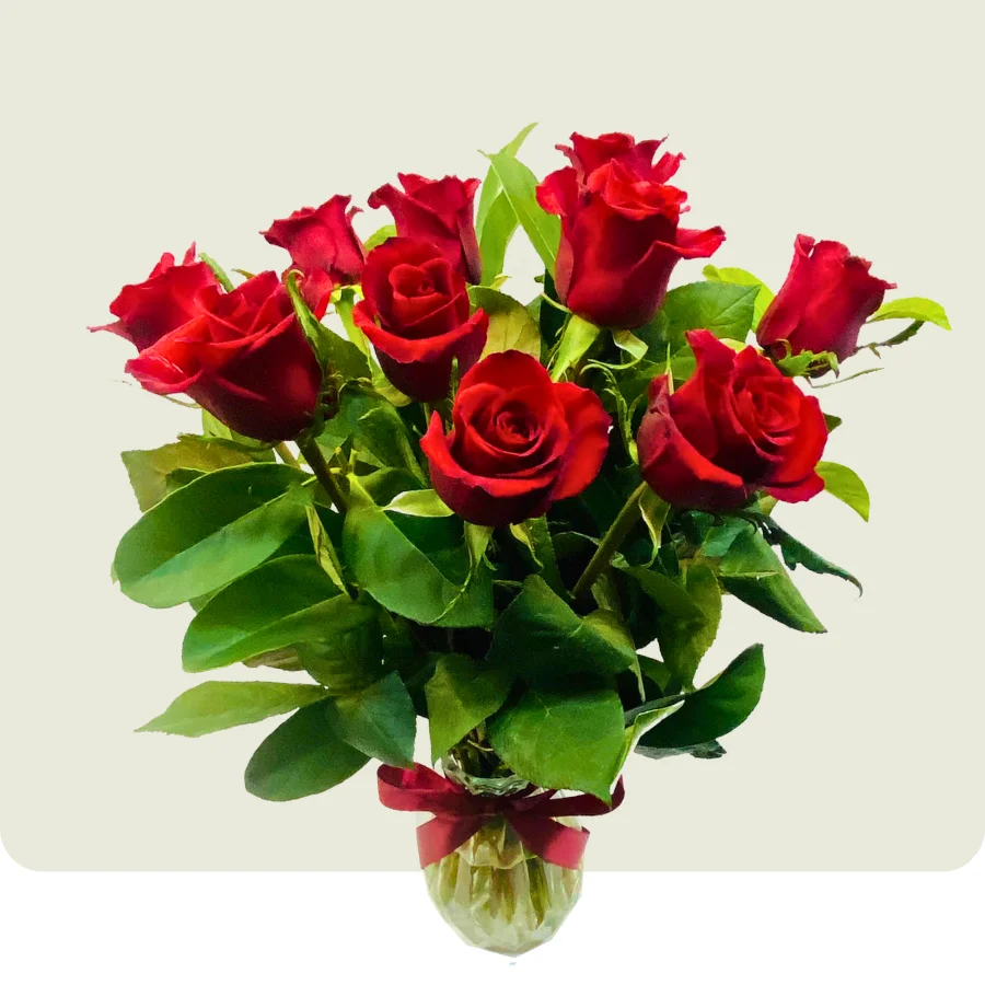 10 medium-stem red roses in a glass vase